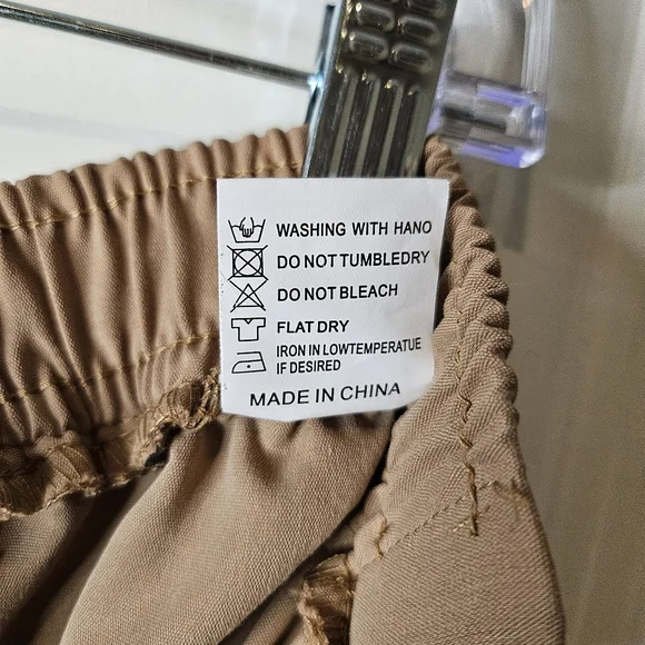 Tan Straight Leg Cargo Pants Elastic Waist Utility Pockets Casual Streetwear 31 - Picture 9 of 13